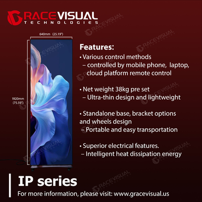 IP Series P2.5 640×1920mm Indoor LED Poster Display Solusi tampilan serbaguna dengan Skala Gray 16bit dan Mobile Wheel Base