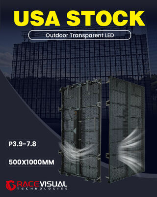 Outdoor Transparan LED. 3.9-7.8mm pitch piksel. 500x1000mm kabinet. 7680hz refresh rate. 5000nits brightness.